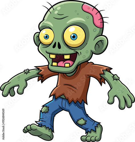 Cartoon zombie character, funny green monster, Halloween illustration, spooky undead figure, creepy walking brain eater, humorous scary design, flavector