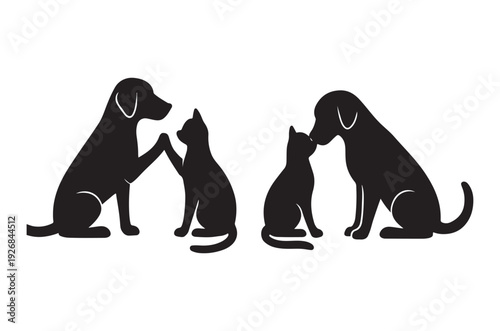 Silhouettes of two dogs and two cats interacting affectionately