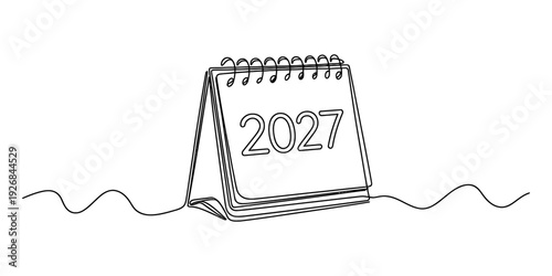 Single continuous line drawing of a spiral bound 2027 desk calendar icon on white Vector, illustration