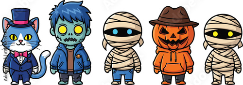 Halloween cartoon characters, spooky costumes, funny zombie, creepy mummy, pumpkin head, blue cat in suit, festive illustration, flavector