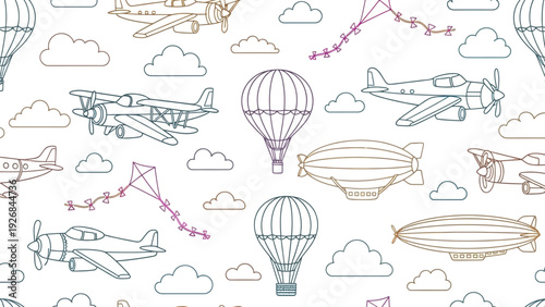 Seamless pattern of vintage planes, hot air balloons, and blimps with clouds and kites, creating a playful and whimsical aviation theme.
