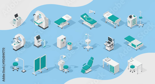 Isometric Hospital Room Furniture and Medical Equipment.