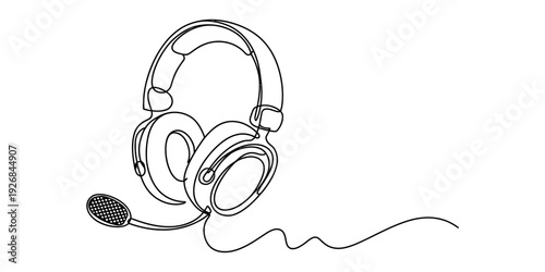 Continuous line drawing of a gaming headset with a microphone and a long cable on white. Vector, illustration