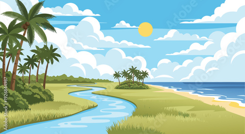 Beautiful tropical beach with a winding river and palm trees, a serene nature landscape vector illustration