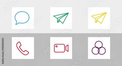 Set of communication icons including speech bubble paper airplane phone and video camera.