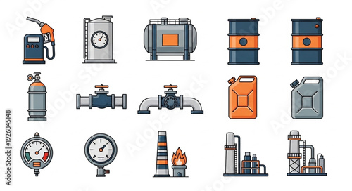 Collection of industrial equipment and oil industry related icons for various purposes.