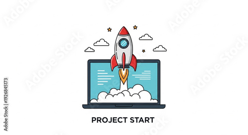 Rocket Launching From Laptop Screen Symbolizing Project Start.