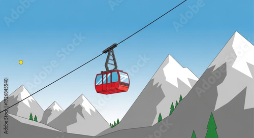 Red cable car ascending snowy mountain range under clear blue sky.