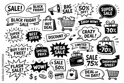 Hand-Drawn Black Friday Sale Promotional Elements on White Background