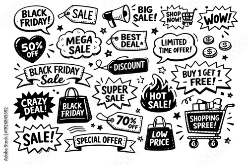 Collection of Hand-Drawn Black Friday Sale Banners and Tags in Various Shapes