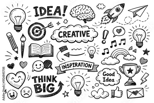 Creative Doodle Illustrations Featuring Lightbulbs Symbols and Inspirational Texts