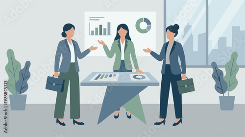 Three businesswomen discussing data and strategy in a modern office meeting