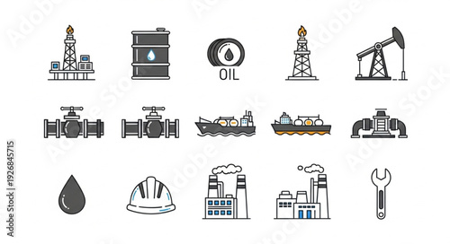 Oil and gas industry icons representing various aspects of the sector.