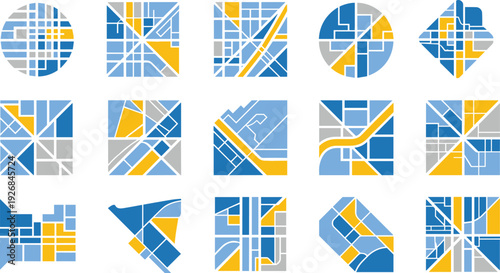 Blue and yellow geometric map on white background map geometric shapes blue and yellow colors