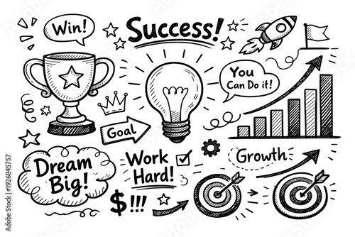 Creative Doodle Illustrations of Success and Growth Concepts in Black and White