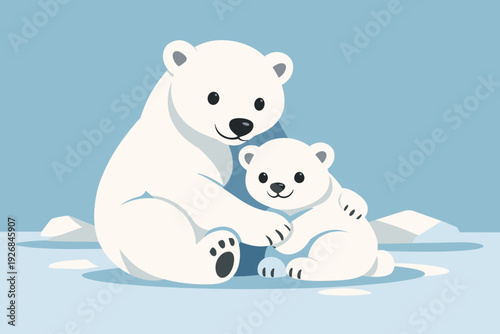 Mother and Baby Polar Bears Embracing on Ice in a Light Blue Arctic Landscape