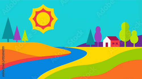 Vibrant Flat Design Landscape with Sun, River, House, and Trees