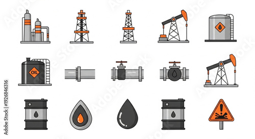Oil industry icons representing various aspects of petroleum production and storage.