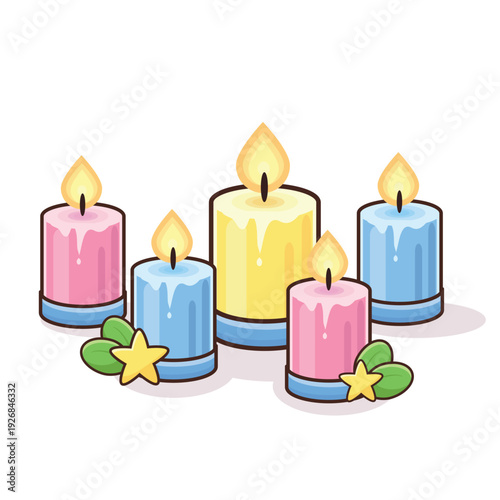 candle light illustration vector cartoon. pink candle. yellow candle. blue candle