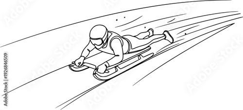 Minimalist continuous line drawing of a winter sports athlete speeding down a track on a sled