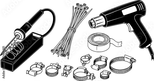 Essential tools and supplies set featuring a soldering iron, heat gun, cable ties, electrical tape, and hose clamps for various repair, maintenance, and DIY projects