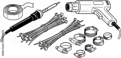 Essential tools and supplies set featuring a soldering iron, heat gun, cable ties, electrical tape, and hose clamps for various repair, maintenance, and DIY projects