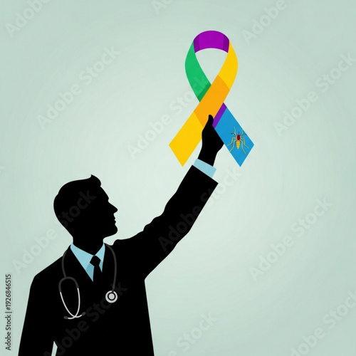 A doctor holding up a multi-colored awareness ribbon and a medical ID card, symbolizing support for a cause, in a minimalist illustration style