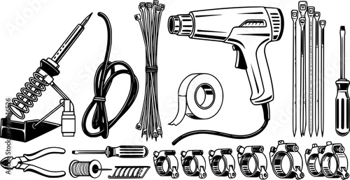 Essential tools and supplies set featuring a soldering iron, heat gun, cable ties, electrical tape, and hose clamps for various repair, maintenance, and DIY projects