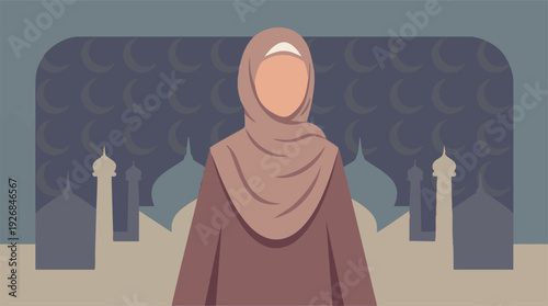 Faceless Muslim woman in hijab with mosque and crescent moon background