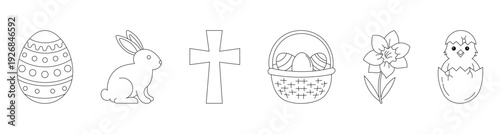 Easter themed outline icons with egg bunny cross basket flower and chick symbols for holiday education activities church materials children learning sheets festive crafts and seasonal celebration proj