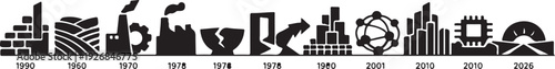 Silhouette of city skyline and industrial icons timeline from 1990 to 2026 in black