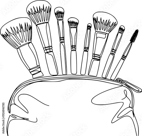 Minimalist continuous line drawing of various makeup brushes in a cosmetic bag