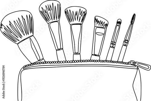 Minimalist continuous line drawing of various makeup brushes in a cosmetic bag