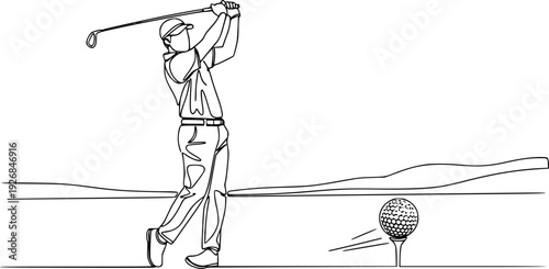 Single continuous drawing depicting a golfer in the stance of hitting a golf ball with a club, suitable for athletic event