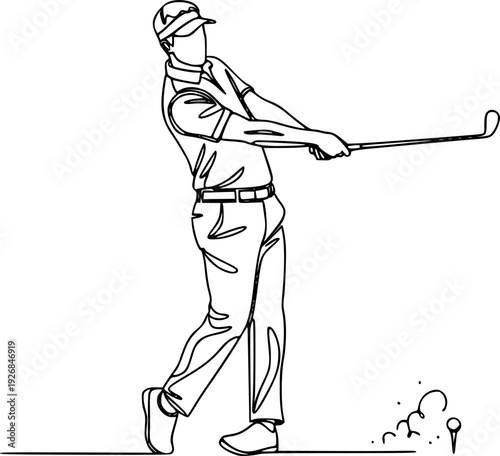 Single continuous drawing depicting a golfer in the stance of hitting a golf ball with a club, suitable for athletic event