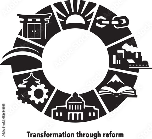 Silhouette of transformation through reform circular graphic with icons