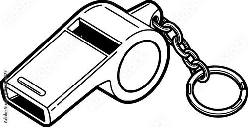 Classic black and white line drawing of a sports whistle with a keyring