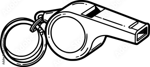 Classic black and white line drawing of a sports whistle with a keyring