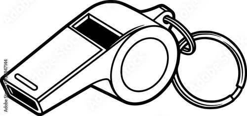 Classic black and white line drawing of a sports whistle with a keyring