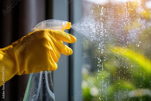Hand in yellow glove spraying cleaning solution on window glass. Closeup of household disinfection and hygiene routine. Concept of cleanliness, sanitation and home maintenance