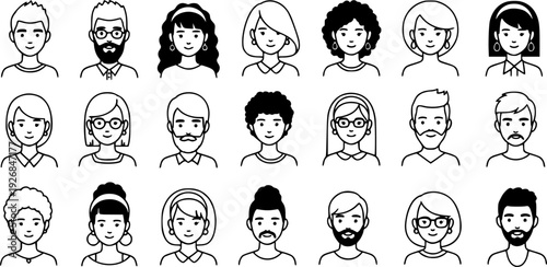 Collection of diverse people avatars featuring male and female individuals with various hairstyles, facial hair, and accessories for user profiles and team representation