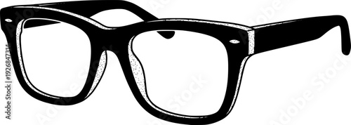 Modern eyeglasses with thick frames and a distinct textured black line drawing style, perfect for optometry clinic branding