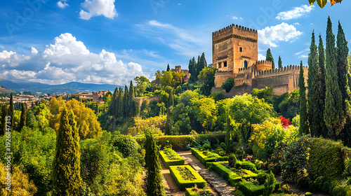 Alhambra Palace and Generalife Gardens in Granada, Spain on a sunny day with blue sky