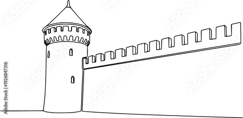 Minimalistic continuous line drawing portraying a fortified castle wall with battlements and a tower