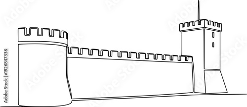Minimalistic continuous line drawing portraying a fortified castle wall with battlements and a tower