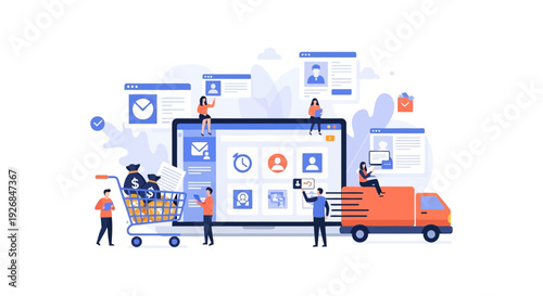 E-commerce and Digital Business Operations. Online Shopping, Delivery, and Service Management Concept. Modern Vector Illustration.