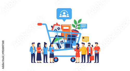 Diverse Consumer Choices: Modern Lifestyles, Needs, and Aspirations in a Shopping Cart Illustration