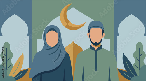 Minimalist illustration of a Muslim couple with mosque and crescent moon