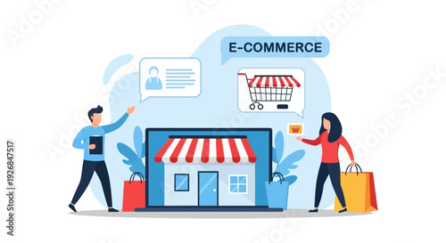 Online Shopping E-commerce Concept: Digital Storefront with People, Shopping Cart, and User Profile Icons. Modern Flat Vector Illustration