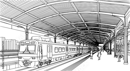 Engaging architectural line drawing showcasing a passenger train stopped at a covered railway station platform.